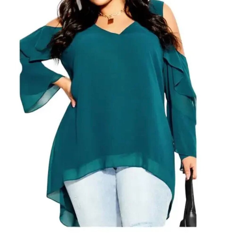 City Chic Hi Lo Cold Shoulder Top - Alpine size S/16